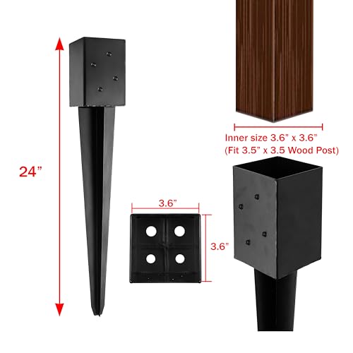 LADECH 4x4 Fence Post Anchor 24' Black Powder Coated Metal Ground Spike Mailbox Post Anchors