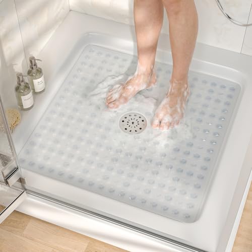 HITSLAM Non Slip Shower Mat, Square Bathtub Mat, 24x24 Inch, Clear | Diamond Textured PVC Bath Mat With Suction Cups, Shower Stall Mat with Center Drain Hole, Strong Grip, Machine Washable - color: Clear