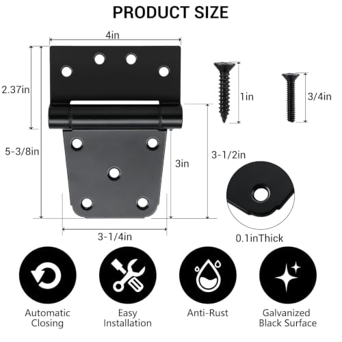 3-1/2 Inch Self Closing Gate Hinges, Spring T Hinges, Black, 2 Pack | Bearing Design and Gaskets Reduce Metal Contact, Steel Hinges Provide Smooth Return for Wood Gates, Fences and Shed Doors - color: 2Pack - Black