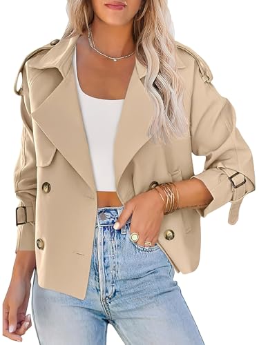 ebossy Women's Double Breasted Short Duster Trench Coat Lapel Loose Windproof Cropped Jacket Coat with Pockets - color: Light Khaki, size: Small