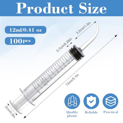 100 Pcs Dental Syringe with Curved Tip,12ml Disposable Irrigation Syringe with Measure Scale for Liquid, Oral Dental Care, Tonsil Stones Removing, Feed Small Pet,Lab