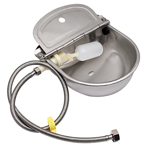 304 Stainless Steel Automatic Livestock Waterer with Float Valve & 3/4'' Water Hose – Self-Filling Drinking Bowl for Dog, Cat, Chicken, Cow, Horse, Goat, Sheep & Pig