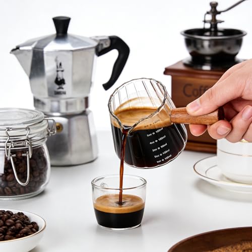 6OZ Wooden Handle Espresso Measuring Cup, Borosilicate Glass Milk Frothing Pitcher with Double Scale & V-Shaped Spout, Dishwasher Safe Coffee Accessories