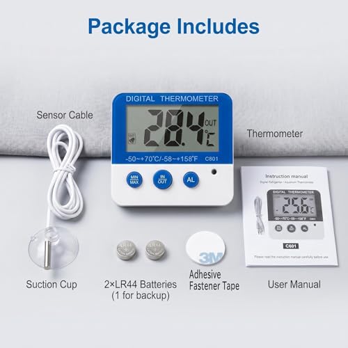 Fridge Freezer Digital Thermometer with Probe, Accurate Temperature Gauge with Built-in Default Frost Warning, Custom Alarm & Min Max Readings for Wine Cellar Reptile Habitat Incubator Greenhouse (1)