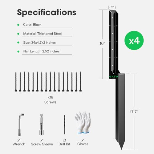 VIVOSUN 6 Pack Fence Post Repair Kit | Heavy-Duty Ground Spike with Gloves for Repairing Tilted or Broken Wood Posts