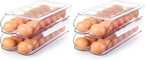 RoskDeewat Egg Holder for Fridge, Automatic Rolling Egg Container for Refrigerator, Stackable Fridge Organizers and Storage with Lid, Clear Plastic Egg Dispenser & Tray (2 Tier) (Pack of 2) - size: 2 Tiers Holder 28 Eggs (Pack of 2)