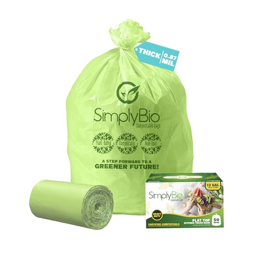 Simply Bio 13 Gallon Compostable Trash Bags Liners with Flat-Top, Thick 0.87 Mil, 49.21 Liter, 50 Bags, Tall Kitchen Food Scrap Waste Bag, ASTM D6400, US BPI and OK Compost Home Certified - size: 1 Count (Pack of 50), style: Flat-Top (13 Gal)