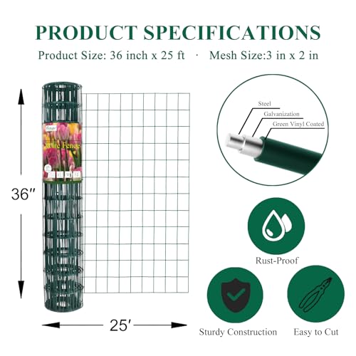 Green PVC Coated Welded Wire Fence 36" x 25' Roll, 2"x3" Mesh, 16 Gauge | Vinyl Coated Garden Fencing, Yard & Pet Barrier, Chicken Wire Fencing, Dog Enclosure Mesh, Vegetable Plant Protector - color: Green, size: 2''x3'' 16GA 36''x25'