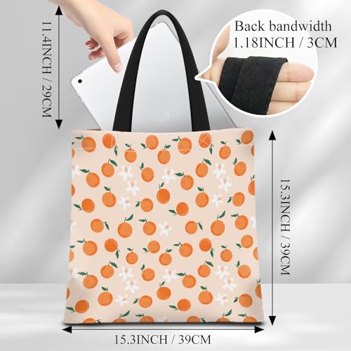 Canvas Tote Bag for Women，Cute Heavy-Duty Shoulder Bag with Zipper Pocket -Travel Tote for Grocery, Gym,Shopping - color: Orange With Green Leaves