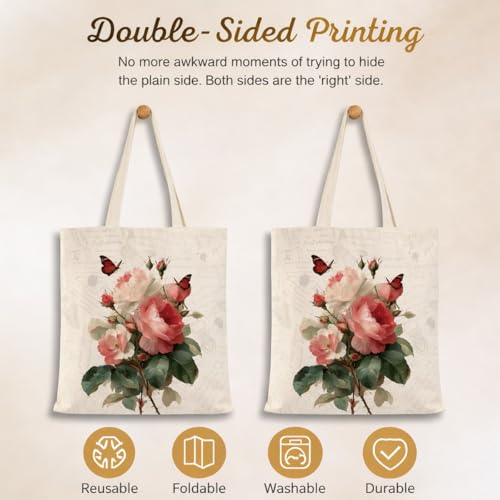 Vintage Floral Canvas Tote Bag, Aesthetic Botanical Reusable Grocery Bags for Women, Elegant Floral Lover Gift Tote - color: Color24