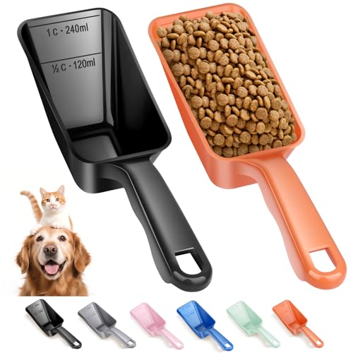 2-Pack Dog Food Scoop 1 Cup, Plastic Pet Food Measuring Scoop With Measuring Lines (1/2 & 1 Cup Markings) for Dogs, Cats, Fish, Bird（Black and Orange) - color: Black and Orange