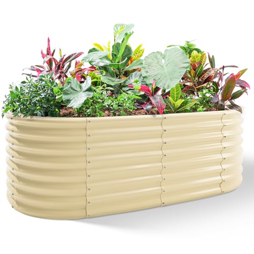 Land Guard 24“ Tall 4×2ft Galvanized Raised Garden Bed Kit, Galvanized Planter Garden Boxes Outdoor, Oval Large Metal Raised Garden Bed for Vegetables (Cream Yellow, 4×2×2ft) - color: Cream Yellow, size: 4×2×2ft