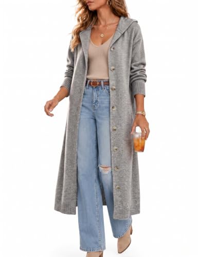 CiCiBird Womens Fall Long Cardigan Sweater Hooded Button Coat | Side Pockets, Loose Midi Length, Cozy Texture, Soft Lightweight Knit, Lounge To Outdoor Wear, Daily Layering, House Coat - color: Grey, size: Small