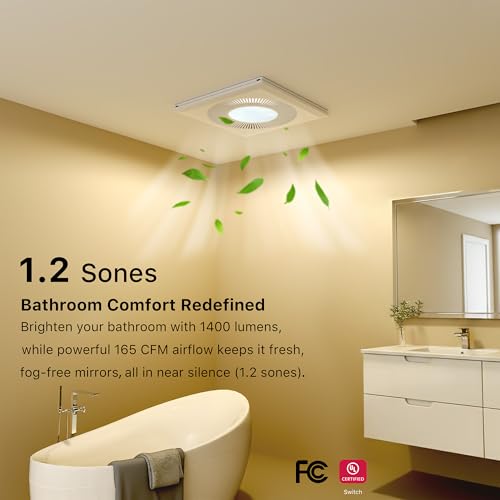 Bathroom Exhaust Fan with Light 165CFM Quiet 1.2 Sones | Ventilation Fan with 3CCT 1400lm LED Light Ceiling Cutout 9.84"x9.84" including Expandable Kit for Bathroom Laundry - color: 4000k Frosted White