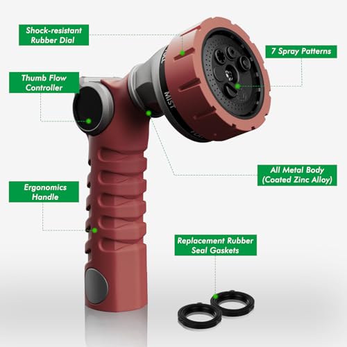 RESTMO Heavy Duty Hose Nozzle, Metal Garden Water Hose Sprayer | 7 Watering Patterns, Thumb Control, On Off Valve, Leak Proof Nozzle Sprayer for Watering Plants, Car & Pet Washing, Red - color: Red