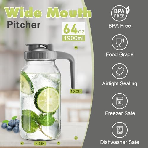 Mason Jar with Pour Spout Lid V-shaped, 64 oz Iced Tea Pitcher with Lids Double Leak Proof, 2 Quart Drink Pitcher for Breastmilk, Sun Tea, Juice, Coffee Creamer, Juice Containers - color: Gray, size: 64 Ounces