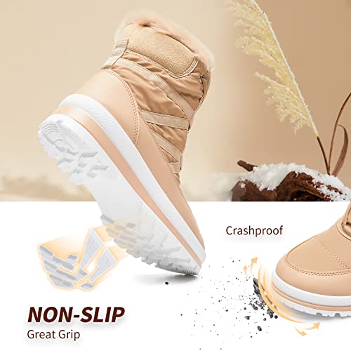 BABUDOG Womens Warm Fur Lined Mid-Calf Boots Waterproof Winter Snow Boots Non-slip Lace up Combat Boots - color: Apricot, size: 8