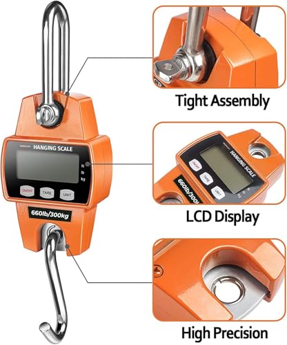 Digital Hanging Scale 660 LB 300 KG - Professional Heavy Duty Waterproof Fish Scale - Portable Durable Crane Scale for Luggage Weight Suitcase Hunting Farm Bike Bow Fish Weight Fishing Scale - color: Orange, size: Standard