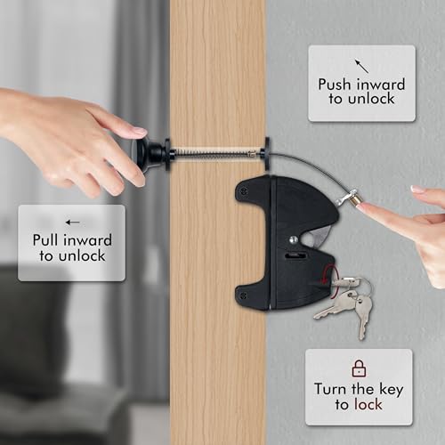 Key Lockable 2 Sided Gate Latch with Spring Pull Cable and Key,2 Way Gate Fence Lock for Outdoor Gates,Locking Gate Door Lock Fence Latch Gate Hardware for Metal,Wood,Vinyl Fence,Black Finish