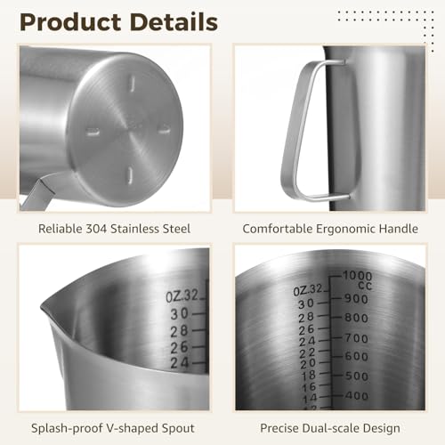 Stainless Steel Pitcher with Lid, 32 oz Measuring Cups with Dual-Scale Markings, Milk Frothing Jugs, Large Beakers for Espresso Machine, Hot/Cold Water, Latte Art, Iced Tea