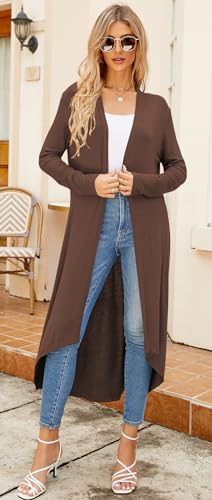 Newchoice Womens Long Cardigan Lightweight Long Sleeve Cardigan Duster | Casual Flowy Draped Classic High Low Hem Open Front Cardigan Sweater with Pockets Summer Fall Fashion Outfits - color: Brown, size: X-Large