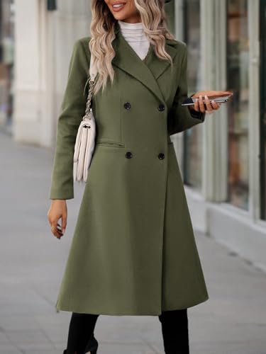 Danedvi Womens Long Double Breasted Coats Lapel Collar Pea Coat Winter Slim Fit Jackets Trench Coat Outwear - color: Army Green, size: XX-Large