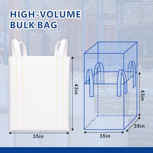 5 Pack FIBC Bulk Bags 2200 lbs Capacity – Heavy Duty 35"x35"x43" Ton Bags with Duffle Top & Flat Bottom, Woven Polypropylene Industrial Sacks for Sand, Gravel, Construction & Farm Waste Disposal