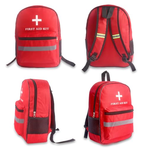 First Aid Bag Empty 4-Piece Set with Large First Aid Backpack, 2 Portable Pouches & Carry Medical Bag for Pet, Car, Travel, Camping, Emergency Supplies Storage (Red Gray)