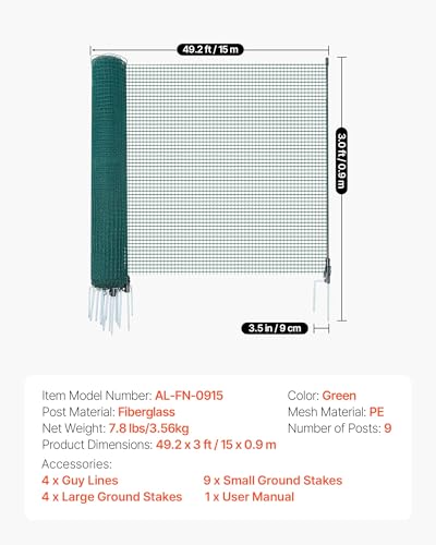 VEVOR Temporary Fence with Posts, 3 x 49.2 FT Plastic Mesh Fencing, Garden Safety Fences Netting with Double-Spike Stakes & Guy Ropes, Temporary Fence for Dogs, Chickens, Plants, Outdoor Yards - size: 36in*49ft