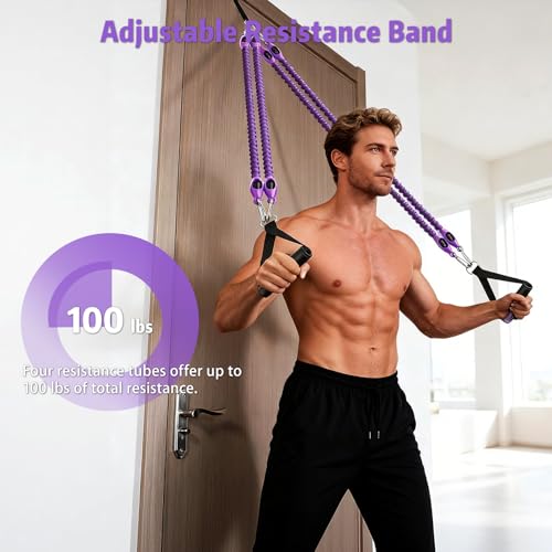 Pedal Resistance Band with Handle, Aturien Adjustable Powerful 4-Tube Elastic Bands for Exercise, Multifunctional Foot Pedal Puller, Home Workout Equipment for Legs Arms Abs - color: Light Purple