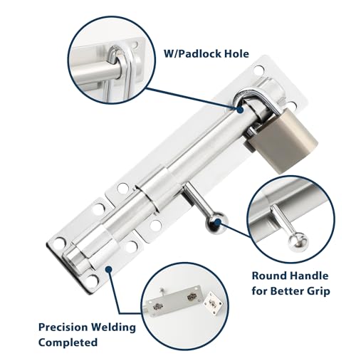 Alise 6 inch Barrel Bolt Latch,Heavy Duty Slide Lock for Barn Door | Chrome SUS304 Stainless Steel Padlock-Style Slide Bolt Latch,Security Gate Latch for Wooden Fence,Interior or Outdoor Door - color: Chrome, size: 6 Inch