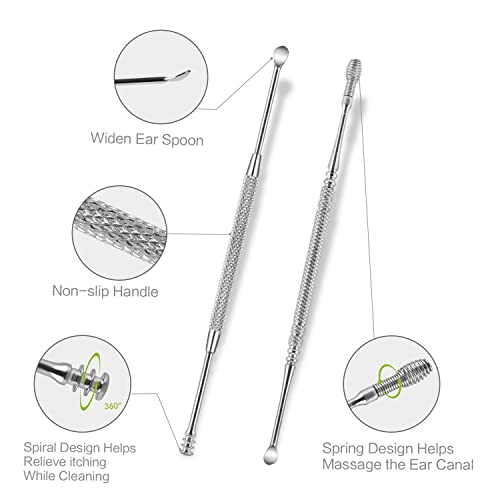 4 Pack Ear Wax Removal Tool Kit with Light, Ear Pick Ear Cleaning Tools Set for Kids and Adults, Ear Picks Digger & Tweezers & Spiral Spring Ear Spoon with Storage Box (Green) - color: Green