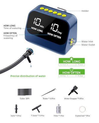 Automatic Watering System for Potted Plants, Plant Waterer, DIY Drip Irrigation Kit with Smart Timer, Waterproof LED Display & Large Capacity Battery, Precise Distribution of Water (Blue)