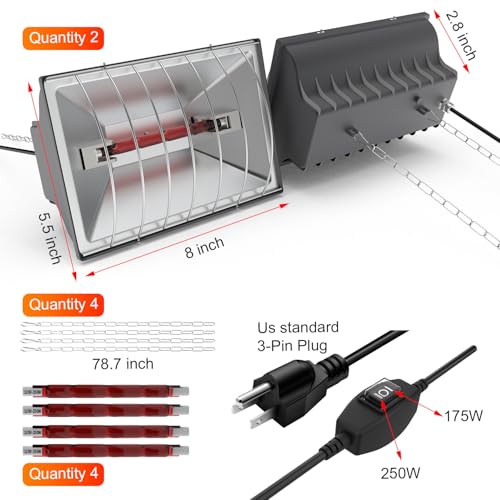 2 PACKS Chicken Coop Heater, Aluminum Brooder Heater Lamp for 30 Chicks or Duckling, 4*250 Watts Heating Plate Lamp Tube with 2 Adjustable Temperature & 8 feet Iron Chain for Amphibians Livestock, Pet - color: Grey-2Pack