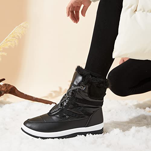 BABUDOG Womens Warm Fur Lined Mid-Calf Boots Waterproof Winter Snow Boots Non-slip Lace up Combat Boots - color: Black, size: 9