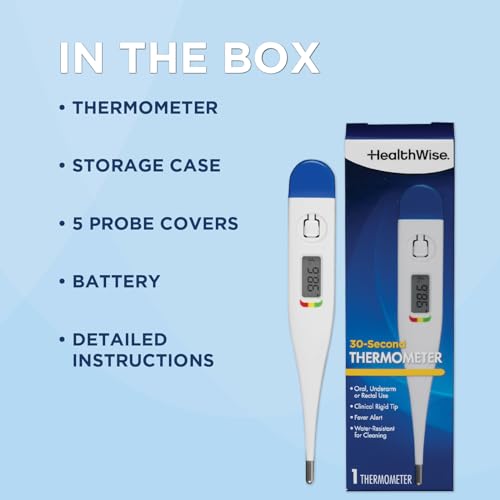HealthWise 30-Second Rigid Tip Digital Thermometer | Oral, Rectal & Underarm Use, Fever Indicator, Waterproof, Storage Case & Probe Covers Included