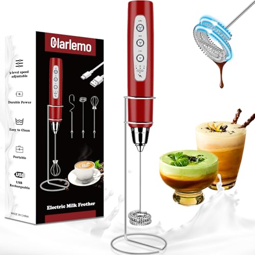 Colarlemo Milk Frother Handheld Rechargeable with Stand, Frother Wand Drink Mixer Electric Whisk for Coffee, Detachable With 3 Stainless Whisks, Hand Mixer for Lattes, Cappuccino, Matcha, Egg, Red - color: Red, style: with stand