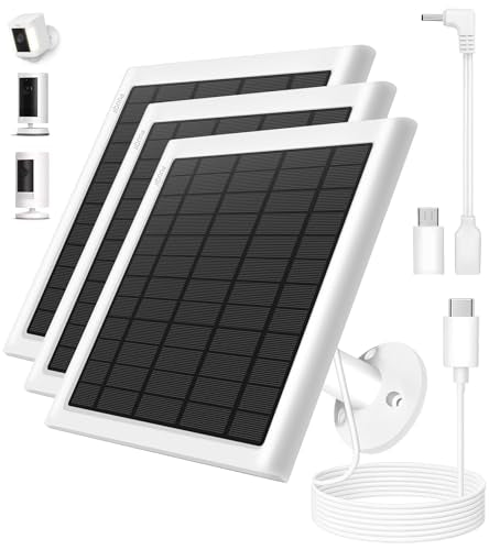 3-Pack 8W Solar Panel Chargers for Ring Cameras with 10FT Cables | Compatible with Stick Up Cam/Plus Battery, Spotlight Cam Plus/Pro Battery, Includes USB-C/DC/Micro Adapters, Stays Powered - color: White