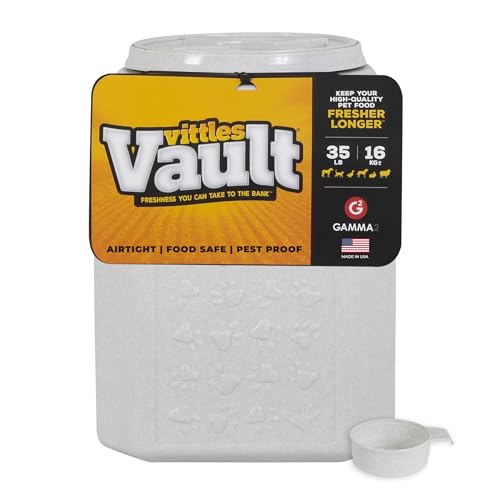 Vittles Vault Airtight Pet Food Storage Container + Scoop, Fits Up to 35lbs | Stores Dog Kibbles, Bird Seed, Oatmeal, Rice, Flour and Cereal in BPA Free Plastic, Sealed Airtight, Made in USA, with Scoop - size: 35 Pounds