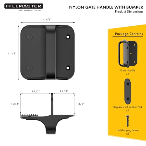 HILLMASTER 4-1/2” Black Nylon Polymer Gate Handle for Outdoor Fence, Sturdy Fence Gate Stop with Bumper Gate Stopper for Vinyl, Wood, Metal Gates, Fence Gate Hardware, Fasteners Included
