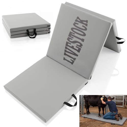 Breling Large Livestock Folding Fitting Mat 71” x 24”, 2” Thick Kneeling Pad with Carry Handle Portable, Gray Foldable Waterproof PU Leather Work Mat for Grooming, Farrier, Garage, Gardening & Outdoor