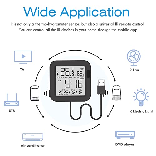 eMylo WiFi Thermometer Hygrometer, Smart IR Remote, Digital Temperature and Humidity Sensor with Backlight, Universal IR Remote Compatible with Alexa and Google Assistant