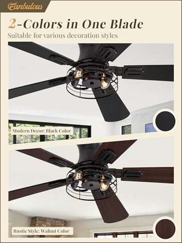 Fanbulous 42 Inch Farmhouse Rustic Caged Ceiling Fan with Lights, 2 Pack | Double-sided Color Blades , APP/Remote Control ,6-speed Wind & Reversible Function, Timer, Flush Mount, Black/ Walnut - color: Black and Walnut