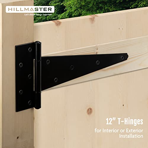 HILLMASTER 12 Inch T-Strap Heavy Duty Shed Door Hinges Gate Strap Hinges Black Tee Hinge Wrought Hardware for Wooden Fences,Yard,Barn Door,Rustproof (4 Pack) - size: 12in 4Pack