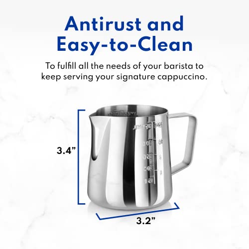 New Star Foodservice 28805 Stainless Steel Frothing Pitcher, 12 oz Espresso Milk Steaming Cup with Measurement Scale, Commercial Grade 18/8 Barista Pitcher for Lattes, Cappuccinos, Coffee, Silver - size: 12 Ounces
