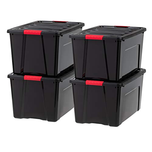 IRIS USA 4-Pack 72 Quart Storage Bins with Lids, Black | Black finish conceals stored items. Perfect for moving, blankets, clothing, and garage storage. Nestable design saves space - size: 72 Qt, style: 4 Pack