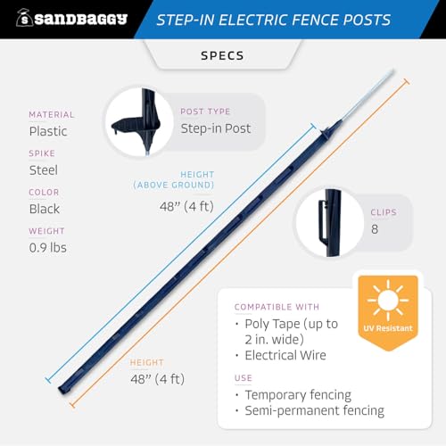 Sandbaggy 4 ft Plastic Step in Electric Fence Posts - UV Resistant - Temporary or Semi-Permanent Fencing for Livestock, Grazing, Gardening - Lightweight, Adjustable Height (4 ft, Black, 50)