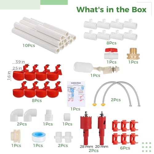 Pipeline Automatic Chicken Waterer System (45 Accessories Included) | Complete PVC Pipelines Set with 8 Deep Drinking Cups, T Connectors, Float Valve, Auto Pipe Feeder Poultry Watering Kit