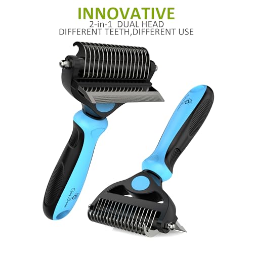 Spring Blossoms-2 in 1 Professional Grooming Rake for Cats & Dogs-Dematting Comb for Easy Mats & Tangles Removing,Pet Brush Safe No More Nasty Shedding and Flying Hair (Blue) - color: Blue