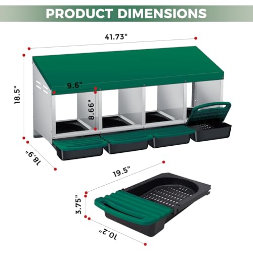 Chicken Nesting Boxes, 4 Compartment Metal Stainless Steel Chicken Laying Boxes with Removable Roll-Away Trays, Vented Holes & 2-in-1 Perch for Chickens Ducks Birds Green - color: Green, size: 1-Tier 4 Compartment